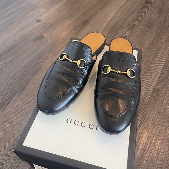 Authentic GUCCI PRINCETOWN LEATHER SLIPPER slides mules black gold 38.5 loafers - Picture 11 of 16